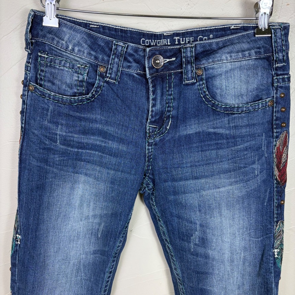 Cowgirl Tuff Bootcut Jeans Blue Feather Embroidered Western Rodeo W28 L32 JBVWGS - Picture 7 of 16